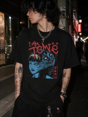 Junji Ito Black Graphic Tee Shirt XL Horror Anime Manga Streetwear Oversized Emo